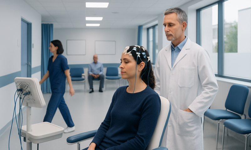 Patient undergoing an EEG test in a hospital setting with medical staff present.