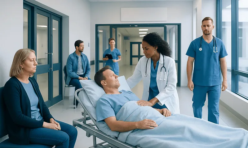 Hospital emergency ward with medical staff attending to a patient in bed.