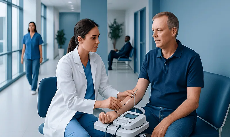 Doctor performing EMG test on patient in hospital corridor.