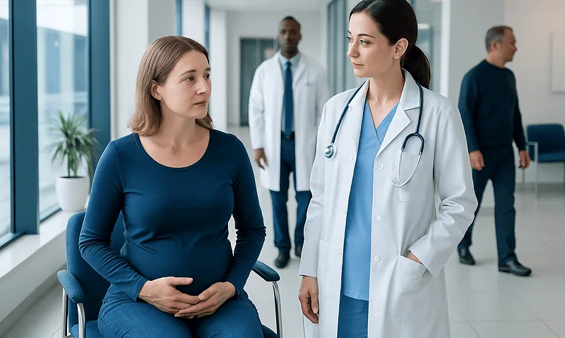 Doctor consulting pregnant woman in hospital corridor.