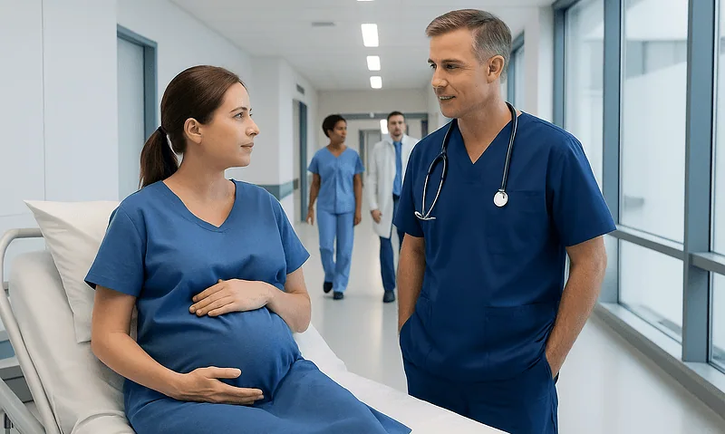 Epidural — Explained by Medical Evidence, Not Myths 6 Pregnant woman talking to doctor in hospital corridor.