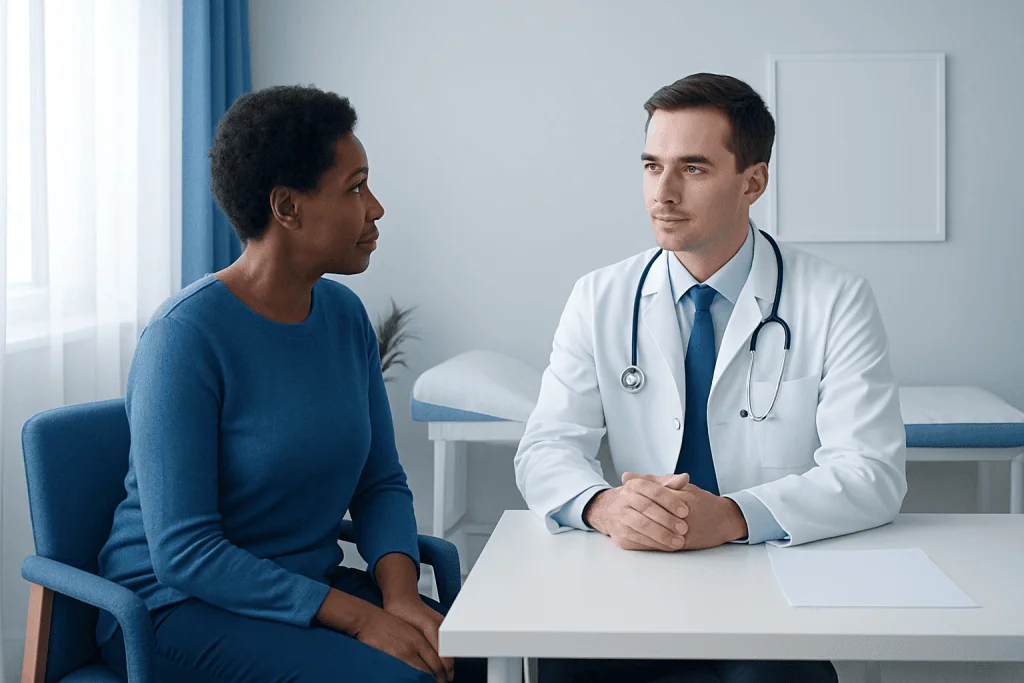Doctor consulting with a female patient in a modern clinic setting.