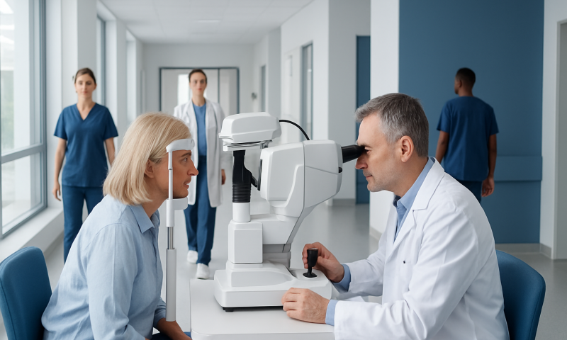 Optometrist performs eye exam using advanced equipment at Acibadem Hospital.