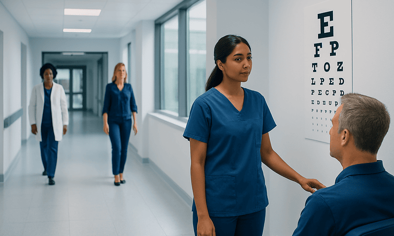 Healthcare professionals in a hospital corridor with eye chart on wall.