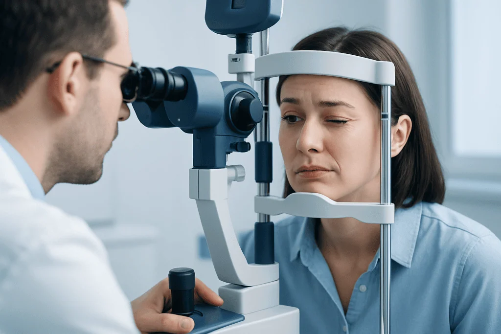 Optometrist examines woman's eye with slit lamp in clinic.