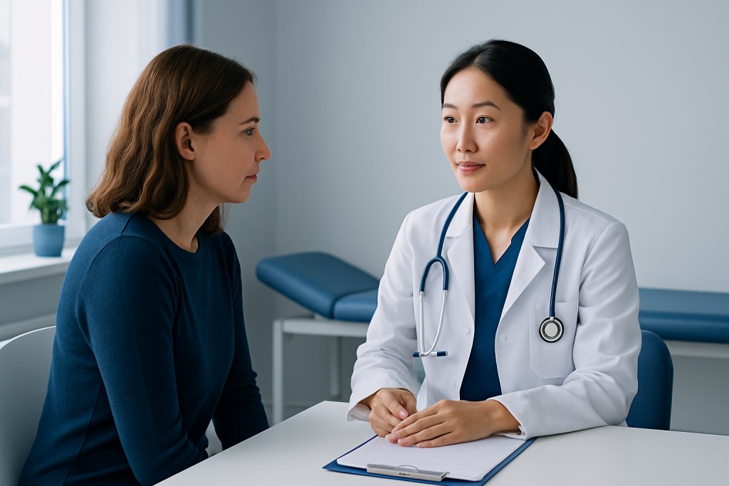 Doctor consulting with a female patient in a medical office.