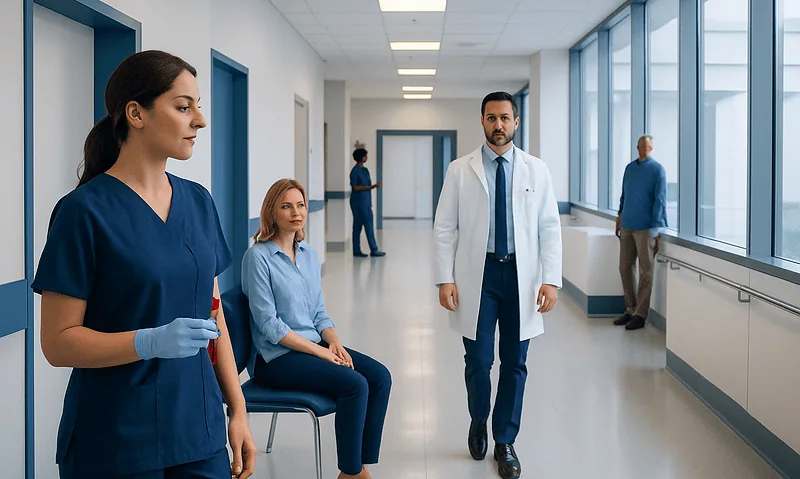 Hgb Blood Test: What Your Results Mean and When to Act 3 Medical professionals and patients in a hospital corridor with large windows.