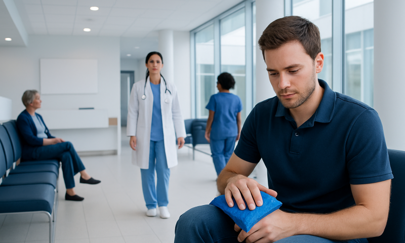 Young man with a cold compress in a hospital waiting area.