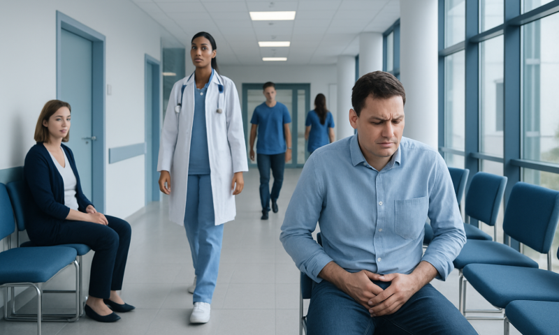 Patient experiencing discomfort in a hospital corridor with medical staff nearby.