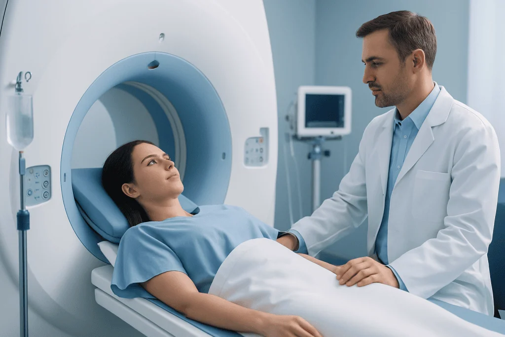 Patient undergoing MRI scan at Acibadem Hospital for medical diagnosis.