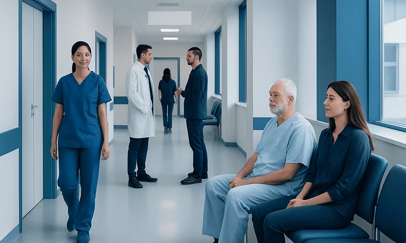 Hospital corridor with medical staff and patients in a modern healthcare facility.