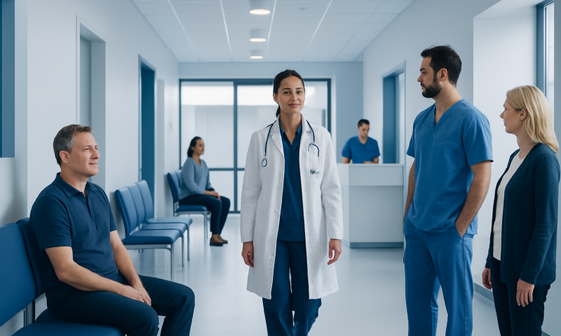 Medical consultation in a modern hospital corridor with healthcare professionals and patients.