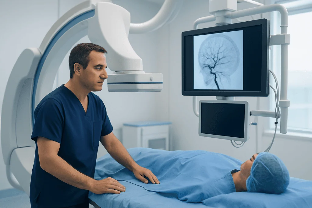 Interventional neuroradiologist reviewing brain imaging during a procedure.
