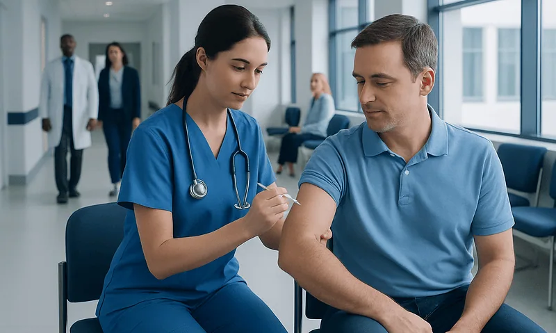 Nurse administering an intramuscular injection to a patient in a hospital setting.