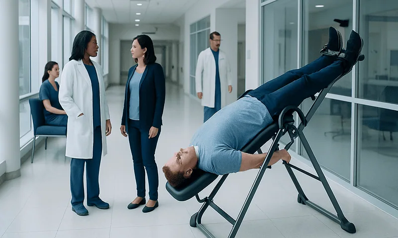 Patient on inversion table in hospital corridor with medical staff nearby.