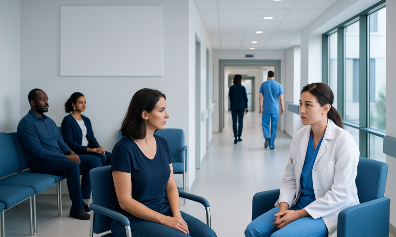 Medical consultation in a hospital corridor with healthcare professionals and patients.