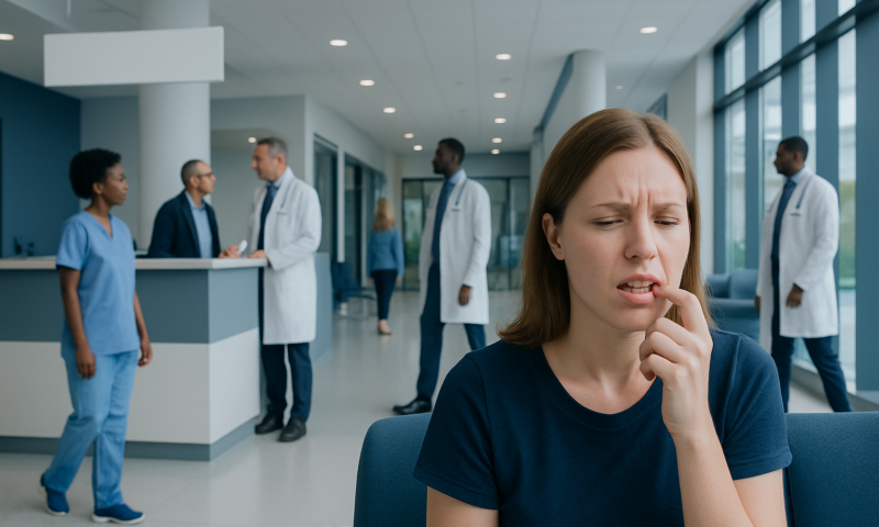 Woman with toothache in hospital waiting area with medical staff in background.