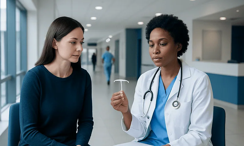 Doctor explaining IUD to patient in hospital corridor.