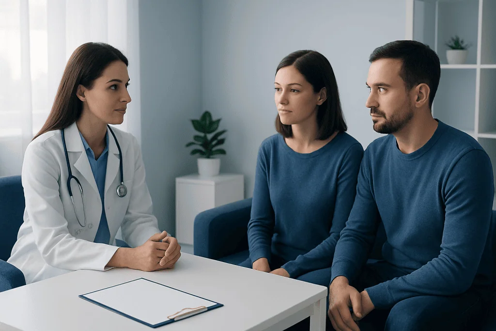 Doctor consulting with a couple about IVF treatment options at Acibadem Hospital.