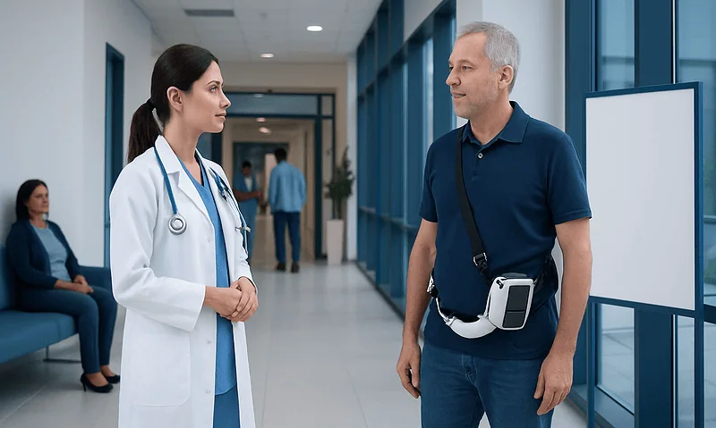 Doctor and patient talking in hospital corridor with other patients in background.