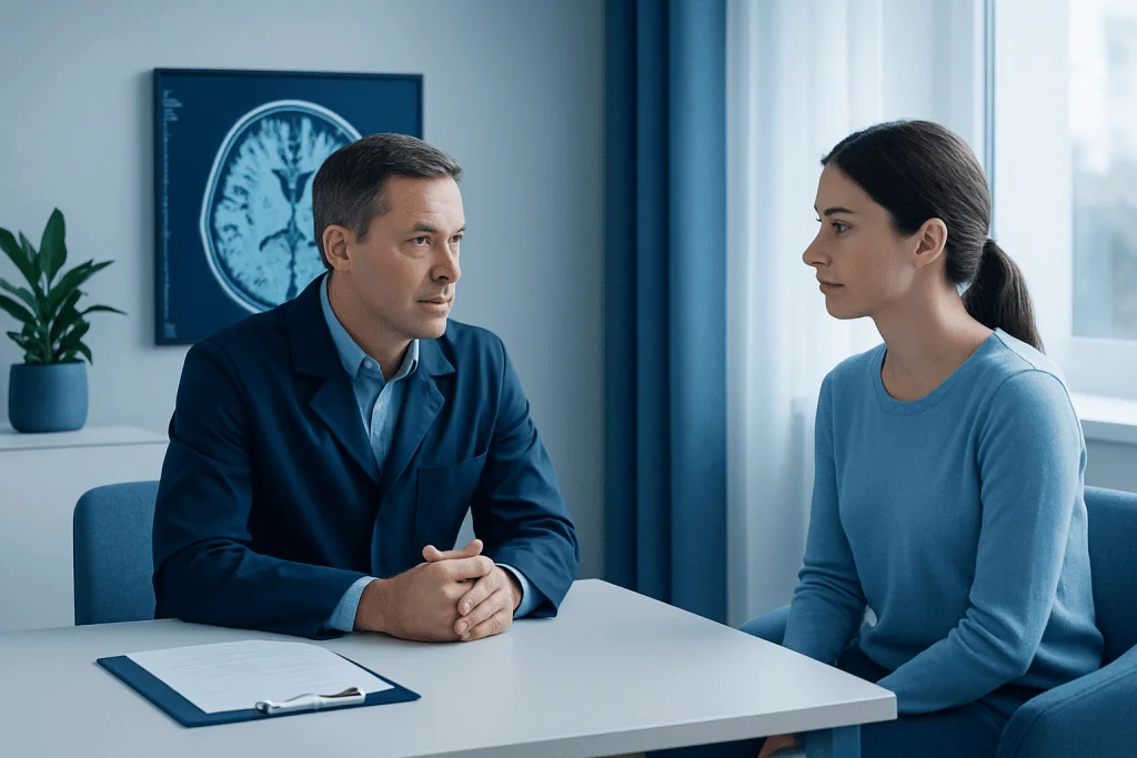 Doctor consulting with a patient in a medical office with brain scan image on screen.