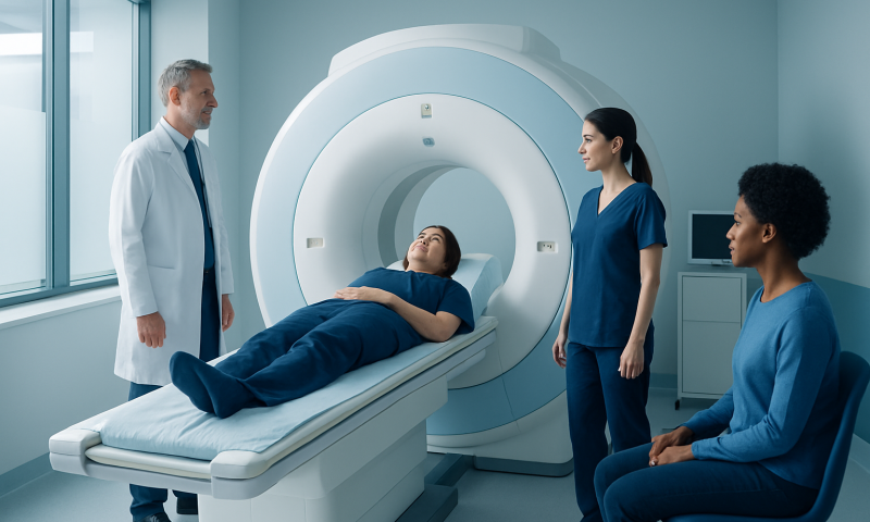 Patient undergoing MRI scan with medical staff in a hospital setting.