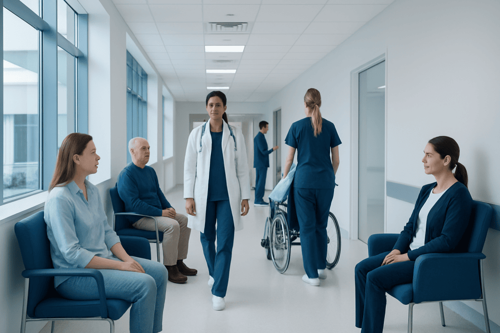 Oatmeal Bath — Explained by Medical Evidence, Not Myths 1 Hospital corridor with patients and medical staff in a modern healthcare facility.
