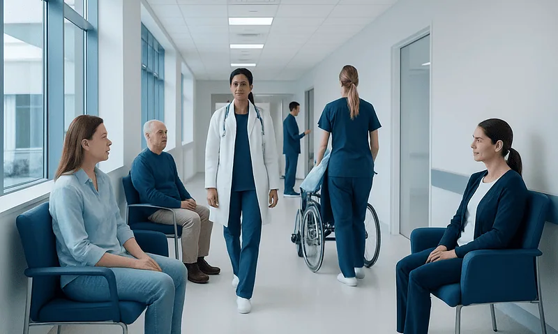 Hospital corridor with patients and medical staff in a modern healthcare facility.