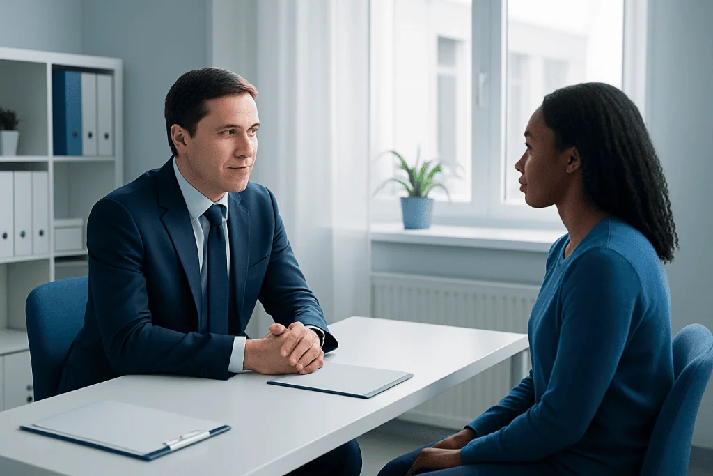 Doctor consulting with a patient in a modern medical office.