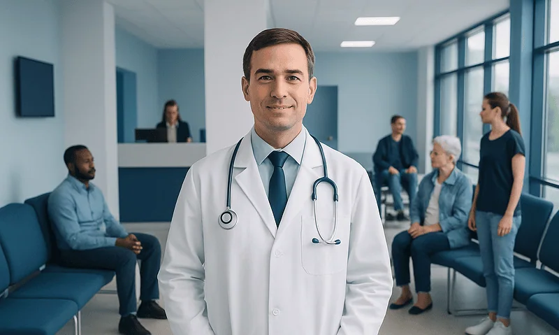 Orthopedic surgeon in a hospital waiting area with patients and staff.