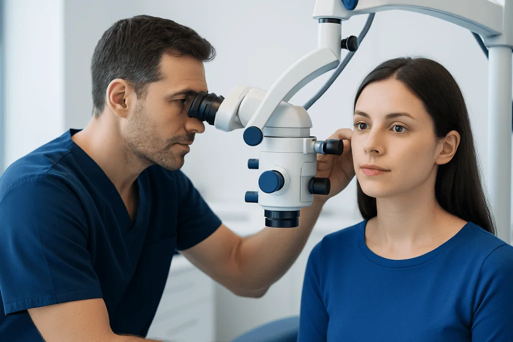 Otologist examining a patient with a microscope in a clinical setting.