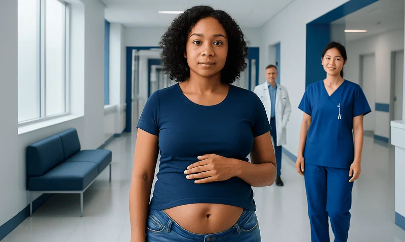 Young woman with outie belly button in hospital corridor with medical staff.