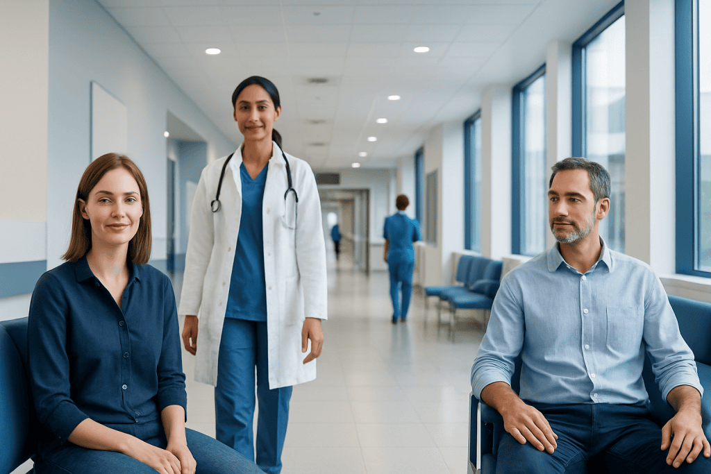 Ovu Kit: An Evidence-Based Guide for Patients 1 Patients and doctor in a modern hospital corridor at Acibadem Hospitals Group.