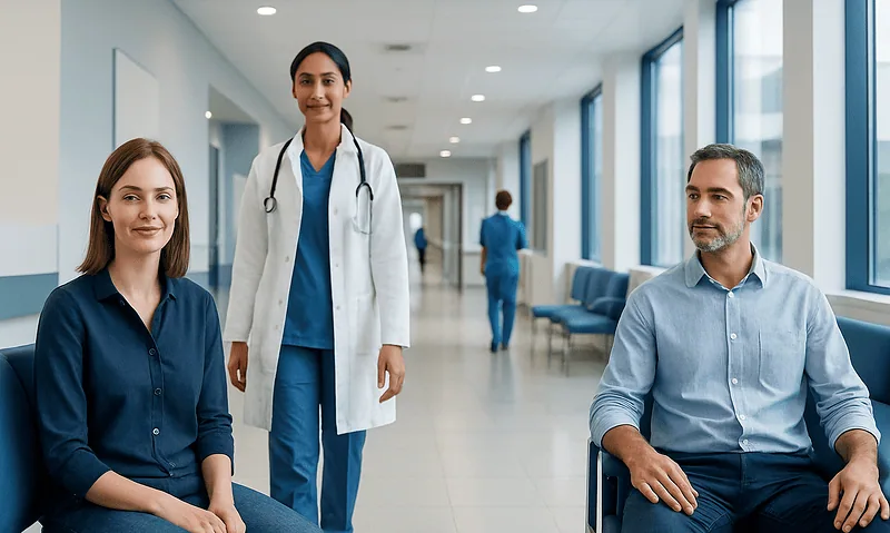 Patients and doctor in a modern hospital corridor at Acibadem Hospitals Group.