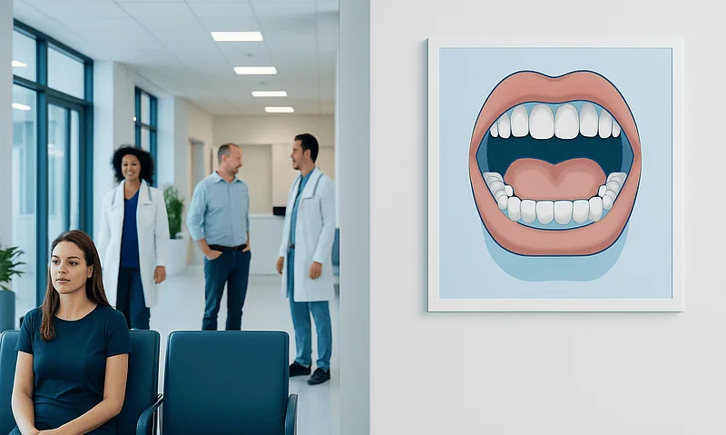 Patient waiting in a dental clinic with a large mouth illustration on the wall.