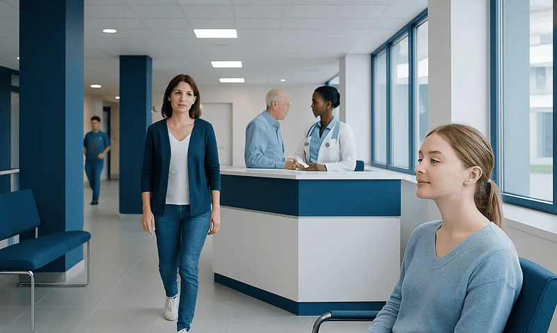 Hospital waiting area with patients and staff at Acibadem Hospitals Group.