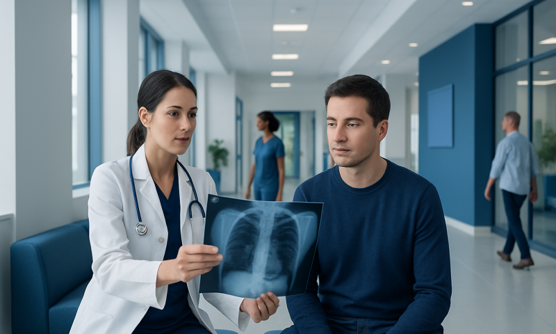 Doctor explaining chest X-ray to patient in hospital corridor.