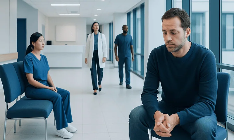 Patient waiting in a hospital corridor with medical staff nearby.