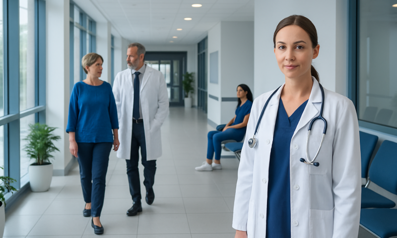 Healthcare professionals and patients in a modern hospital corridor.