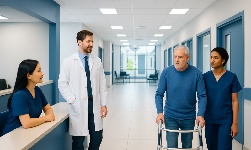 Hospital staff assisting elderly patient with walker in corridor.