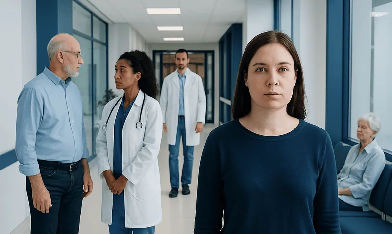 Young woman waiting in hospital corridor with medical staff and patient.