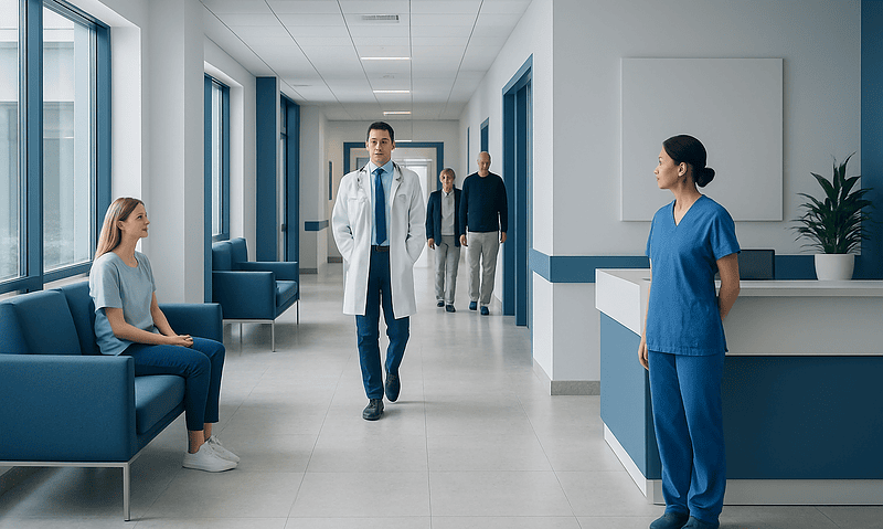 Hospital corridor with medical staff and patient in a modern healthcare facility.