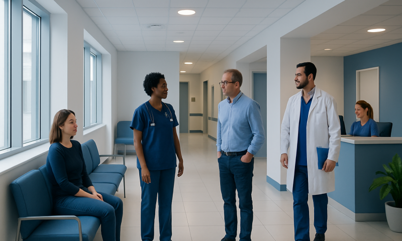Medical team consulting with patient in hospital corridor.