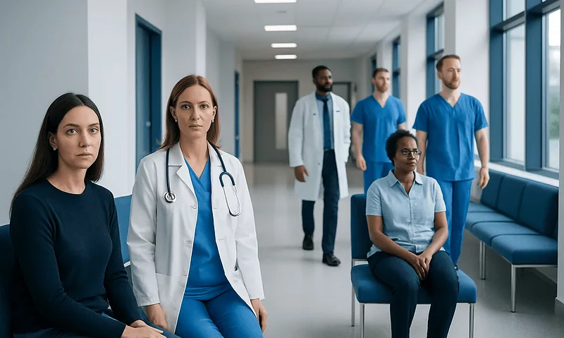 Medical team waiting in hospital corridor with large windows.