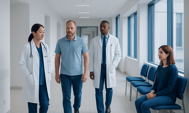 Medical team consulting with patient in hospital corridor.