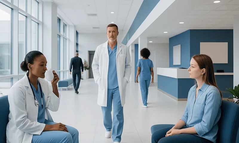 Medical team in hospital corridor discussing patient care.