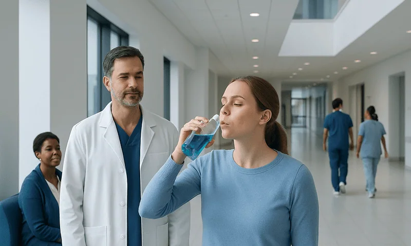 Patient drinking water in hospital corridor with medical staff nearby.