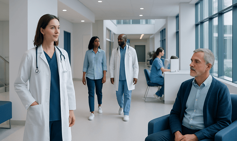 Anticholinergic: An Evidence-Based Guide for Patients 9 Medical team and patient in a modern hospital corridor.