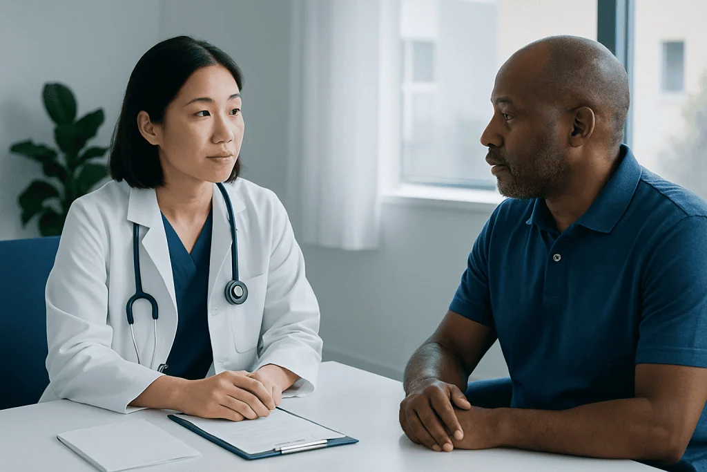Doctor consulting with a patient in a hospital setting.