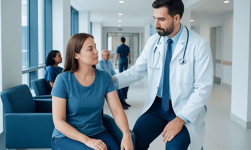 Doctor examining a patient in a hospital corridor with other patients nearby.